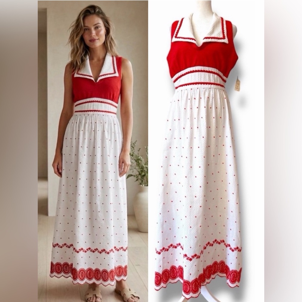 Vintage 70s Howard Wolf Sailor Dress Red White Cotton Embroidered Maxi Size 8 M